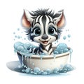 Illustrated zebra foal amidst glistening bubbles, showcasing whimsy and intricate design details.