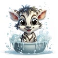 Illustrated zebra foal amidst glistening bubbles, showcasing whimsy and intricate design details.