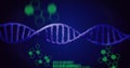 Illustrating blue DNA double helix spanning virtual interface with green hexagons and binary code Royalty Free Stock Photo
