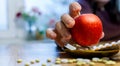 Hand putting an apple among pills an apple a day keeps doctor away concept illustration