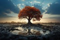 The impact of climate change, featuring a solitary tree standing on parched, dry land. AI Generated Illustration. Royalty Free Stock Photo