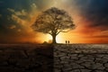 The impact of climate change, featuring a solitary tree standing on parched, dry land. AI Generated Illustration. Royalty Free Stock Photo