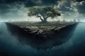 The impact of climate change, featuring a solitary tree standing on parched, dry land. AI Generated Illustration. Royalty Free Stock Photo