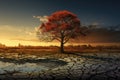 The impact of climate change, featuring a solitary tree standing on parched, dry land. AI Generated Illustration. Royalty Free Stock Photo