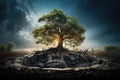 The impact of climate change, featuring a solitary tree standing on parched, dry land. AI Generated Illustration. Royalty Free Stock Photo