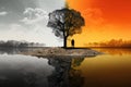 The impact of climate change, featuring a solitary tree standing on parched, dry land. AI Generated Illustration. Royalty Free Stock Photo