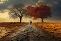 The impact of climate change, featuring a solitary tree standing on parched, dry land. AI Generated Illustration. Royalty Free Stock Photo