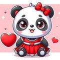 Panda in red drea cheerful easter eggss with heart