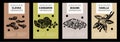 Cloves, cardamon, sesame, vanilla. Set of posters of spices and herbs in a abstract draw design