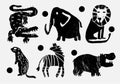 Set of abstract wild animals. Jungle, Forest bird. Crocodile, elephant, lion, gopher, zebra, hippo.