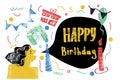 Birthday. Mega collection of posters with cake, balloon, candle, gift, tinsel. A set of simple, fun, vector illustrations.