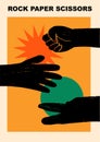 Abstract poster with hands. Ink graphic with geometrical shapes on back. Rock, Scissor and paper hand sign. Royalty Free Stock Photo