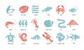 Fishes, arthropods and seafood in a abstract draw design. Simple, flat design. Patterns and backgrounds.