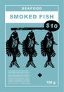 Smoked fish. Set of posters of fishes and seafood in a abstract draw design. Label or poster, price tag