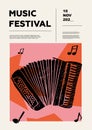 Accordion, squeezebox, squeeze box, squeeze-box, bayan. Music festival poster.