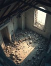 Illustration of abandoned building interior with collapsed roof, debris, broken bricks. Light shines through a window creating Royalty Free Stock Photo