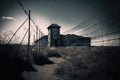 Illustration of an abandoned concentration camp with stormy skies