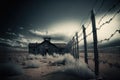 Illustration of an abandoned concentration camp with stormy skies