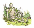 Illustration of an abandoned overgrown robot on the grass