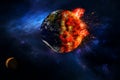 Abstract apocalyptic background - burning and exploding planet . View of planet earth burning in space 3D rendering elements. Royalty Free Stock Photo