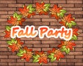 illustration, abstract autumn background, old brick wall and wreath of autumn leaves, lettering Leaf fall Party Royalty Free Stock Photo