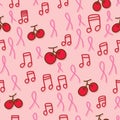 Breast cancer symbol cherry music seamless pattern