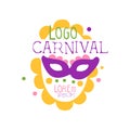 Illustration of abstract carnival face in purple mask for Mardi Gras holiday logo. Fat Tuesday. Colorful flat vector