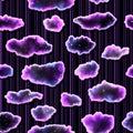 An illustration of abstract clouds with stars on a background of purple rain. Seamless texture imitating fabric.