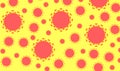 Illustration abstract covid, coronavirus, pollen, dust, star, circles red symbol with yellow background, of various sizes, spread