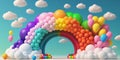 illustration of abstract 3d rainbow with clouds and colorful balloons , blue sky Royalty Free Stock Photo