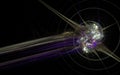 Illustration of an abstract energy explosion with a spiral line around the epicenter of the explosion and a lilac tail on a black