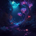Illustration of abstract fantasy landscape with crystals and glowing path in forest. Generative AI