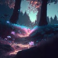 Illustration of abstract fantasy landscape with crystals and glowing path in forest. Generative AI