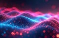 Illustration of abstract futuristic background with pink, blue glowing neon moving wave lines. Bokeh lights, data transfer