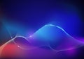 Illustration Abstract glowing, neon light effect, wave line, wavy pattern. Vector design communication techno on blue background. Royalty Free Stock Photo