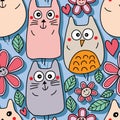 Cat bear owl cute natural seamless pattern Royalty Free Stock Photo