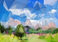 Illustration abstract image of landscape with tree and clouds on blue sky. Vector modern graphic design, geometric polygon pattern Royalty Free Stock Photo