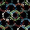 Illustration of the abstract multicolored chain on black background. Seamless pattern