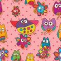 Owl and flower crazy edge seamless pattern Royalty Free Stock Photo