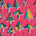 Tree umbrella style free drawing rain seamless pattern