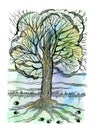 Illustration abstract tree, insects, branches, roots, doodling patterns, watercolor and graphics