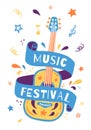 Vector hand draw illustration with acoustic guitar and lettering. Great element for music festival or t-shirt. Event Royalty Free Stock Photo
