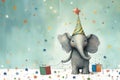 Illustration of an adorable baby elephant celebrating a birthday