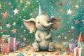 Illustration of an adorable baby elephant celebrating a birthday