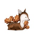 Illustration of adorable little fawn with autumn leaves