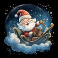 Illustration of an adorable Santa Claus flying in his sleigh. Generative AI