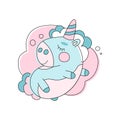 Adorable unicorn sleeping on cloud. Line icon with pink