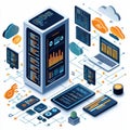 Illustration of advanced data storage systems, showcasing big data analysis and secure handling within a digital environment Royalty Free Stock Photo