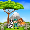 Adventurer and wild animal posing with mountain scene