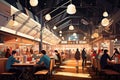 Illustration advertising the concept of a food hall, interior in dark colors in a modern style, trendy atmosphere, space